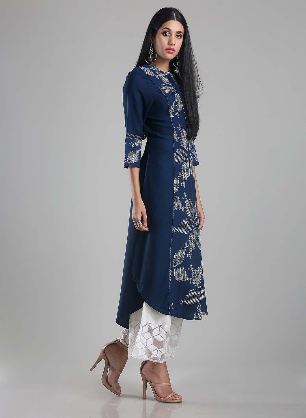 Navy Blue High-Low Printed kurta - wforwoman