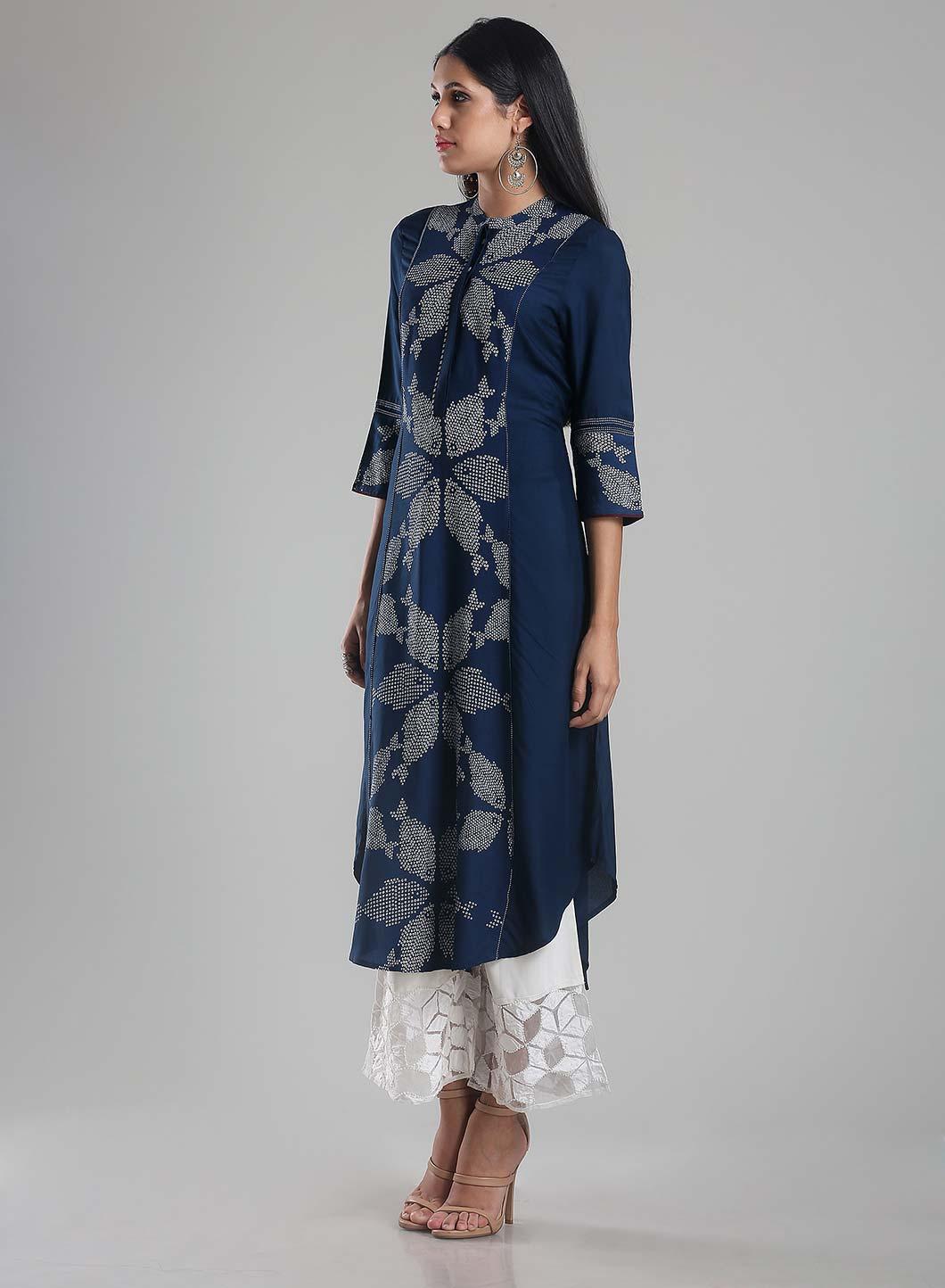 Navy Blue High-Low Printed kurta - wforwoman