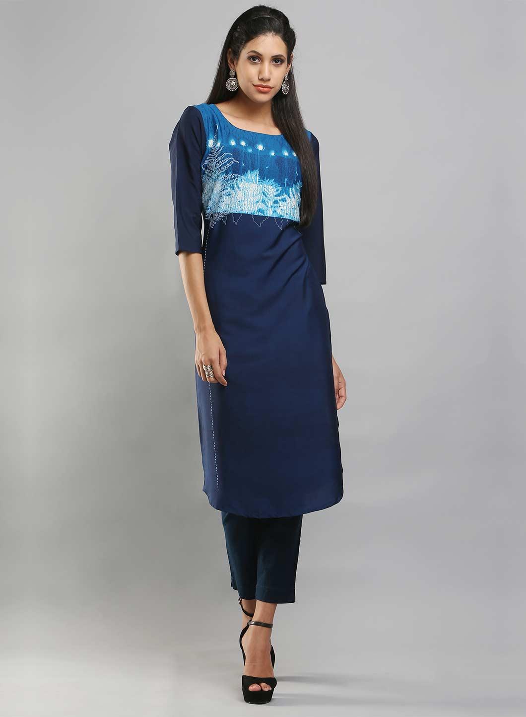 Navy 3/4 Sleeve Printed kurta - wforwoman