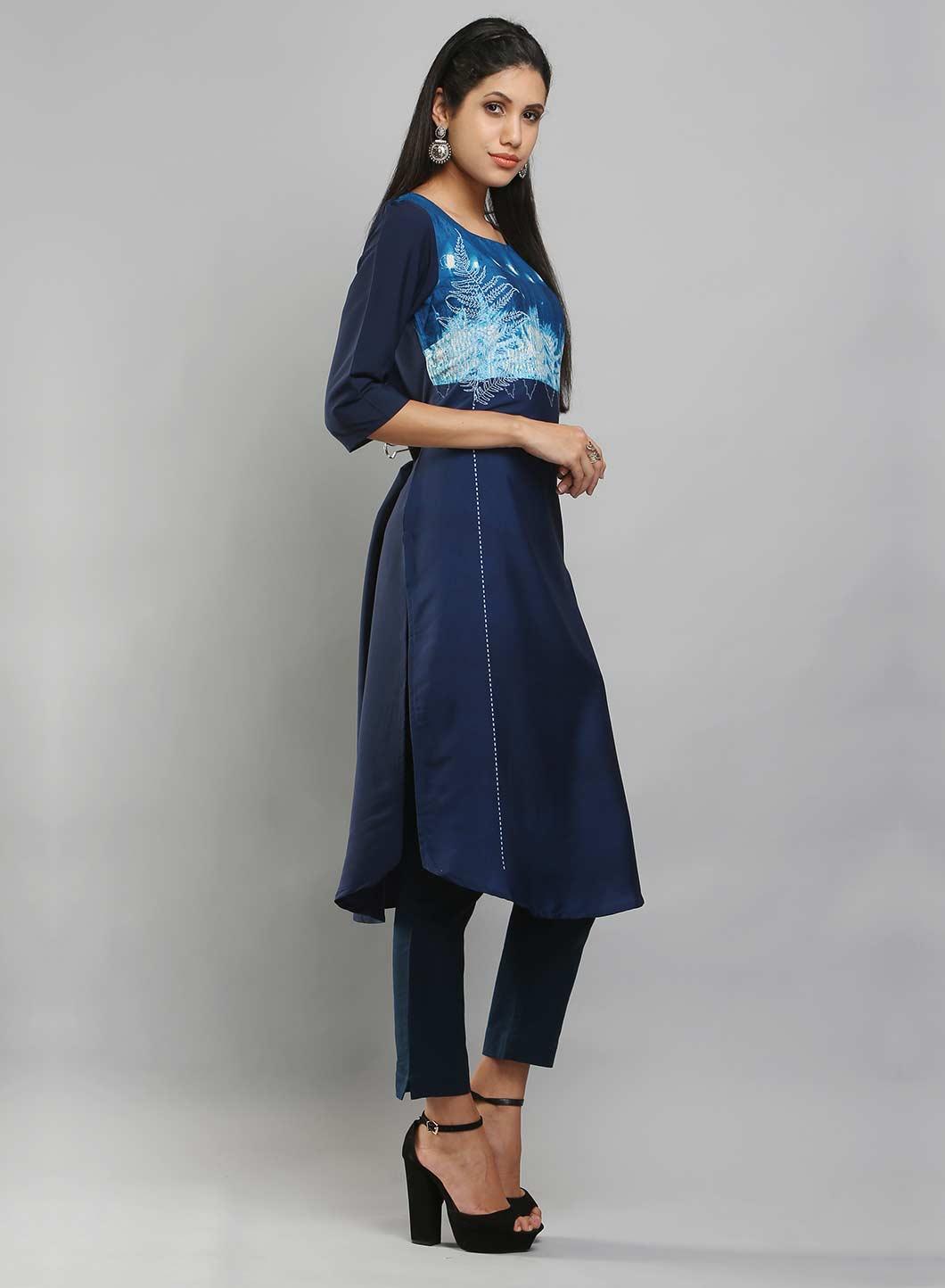 Navy 3/4 Sleeve Printed kurta - wforwoman