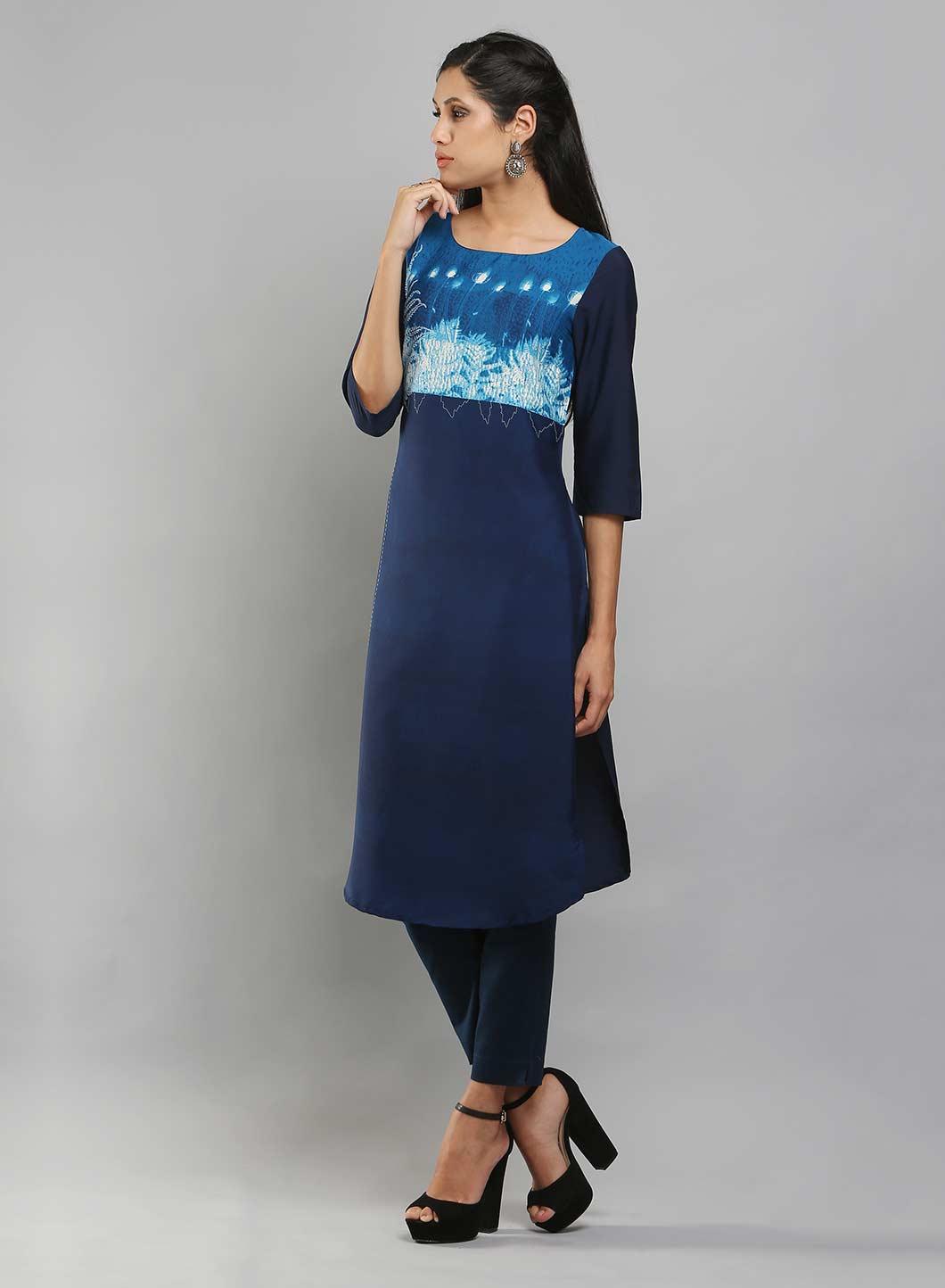 Navy 3/4 Sleeve Printed kurta - wforwoman