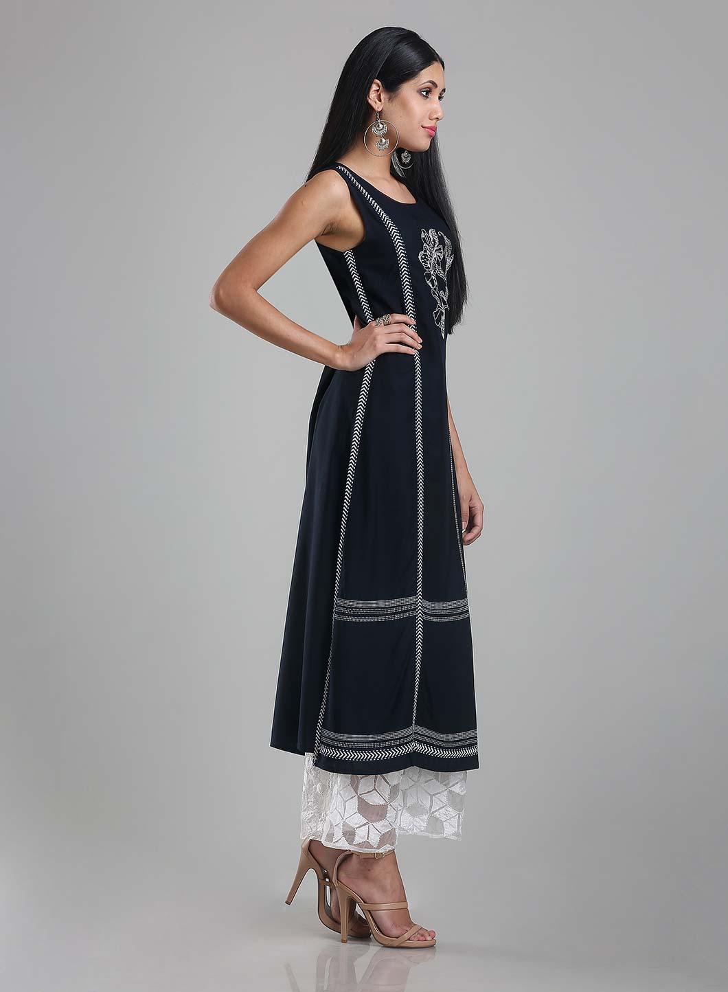 Navy Blue Sleeveless Printed kurta - wforwoman