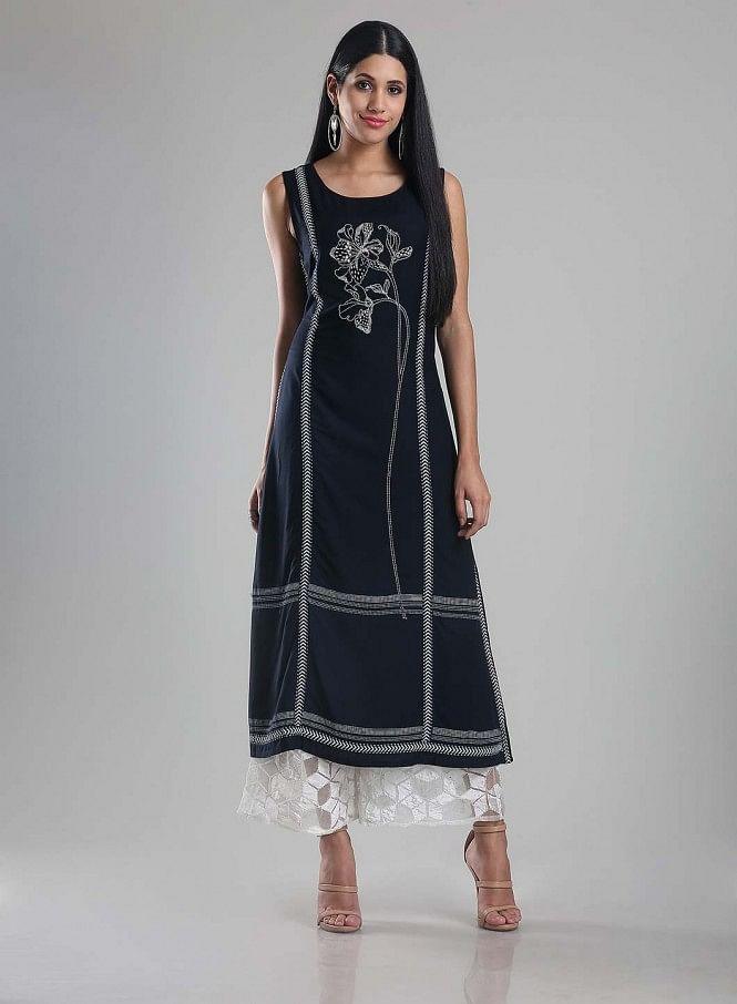 Navy Blue Sleeveless Printed kurta - wforwoman