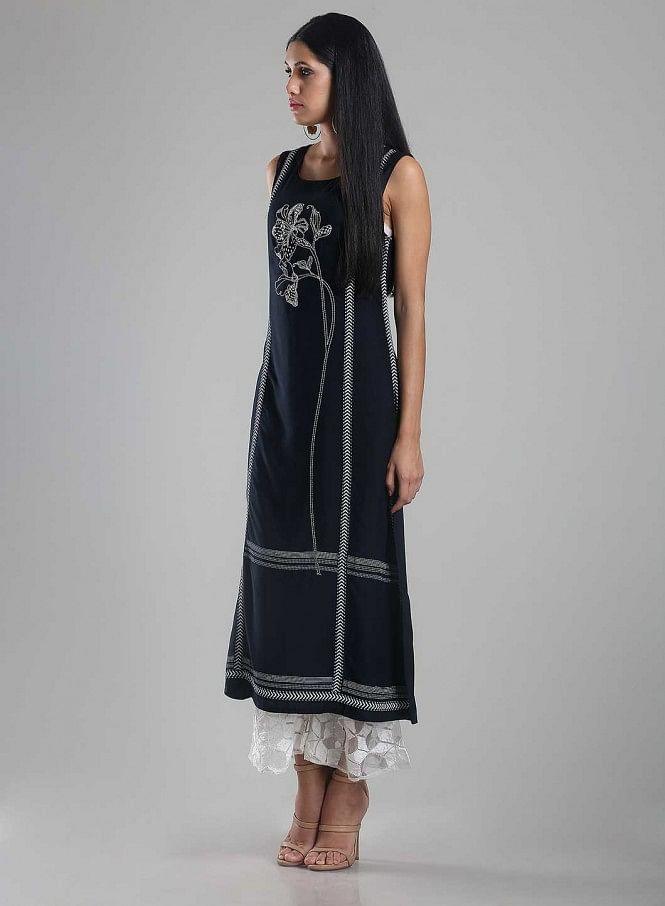 Navy Blue Sleeveless Printed kurta - wforwoman