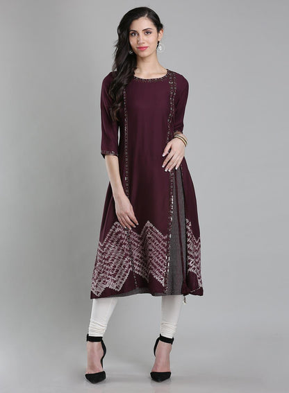 Wine Round Neck 3/4 Sleeves kurta - wforwoman