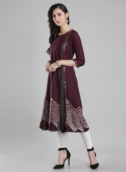 Wine Round Neck 3/4 Sleeves kurta - wforwoman