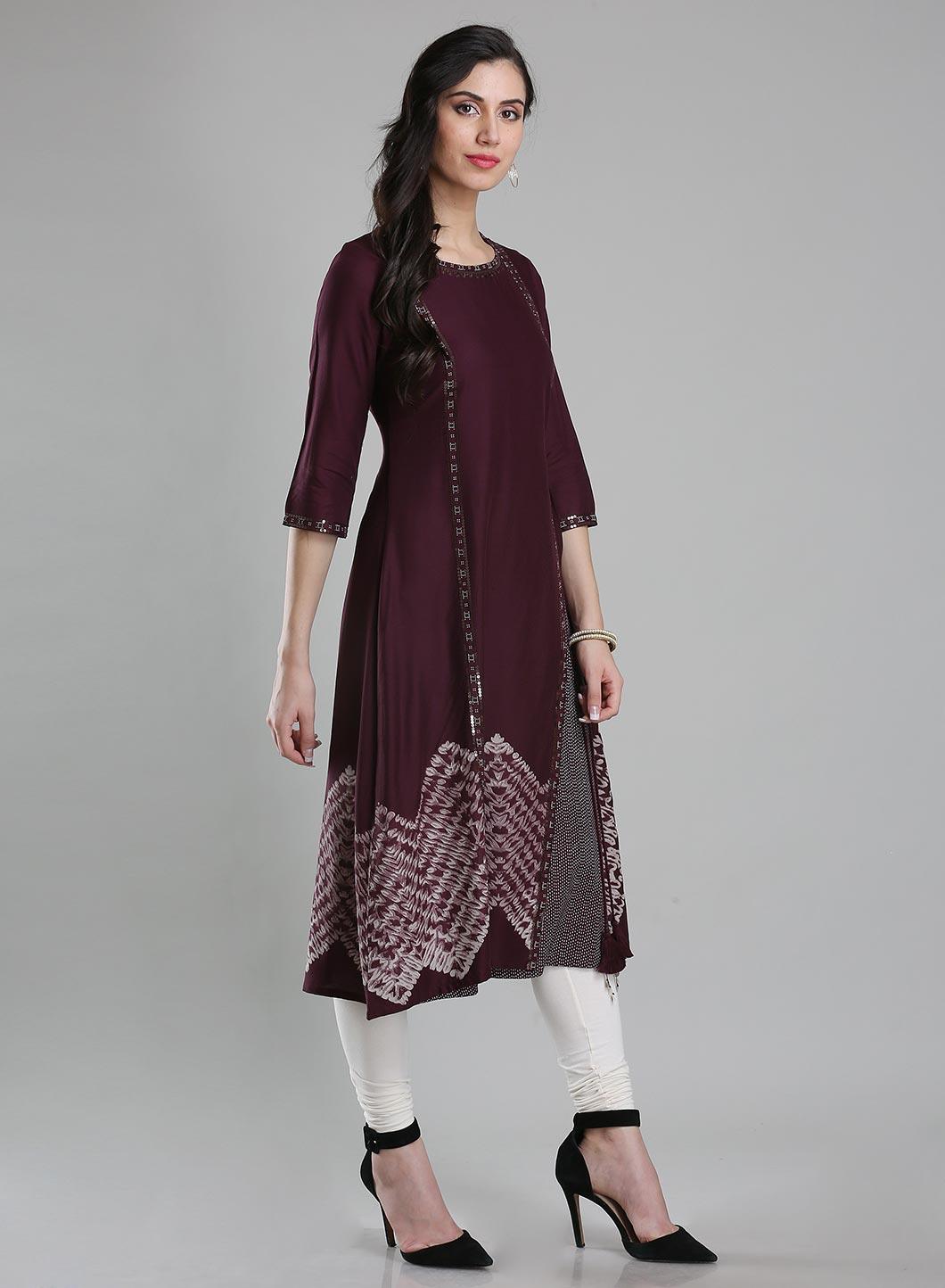 Wine Round Neck 3/4 Sleeves kurta - wforwoman