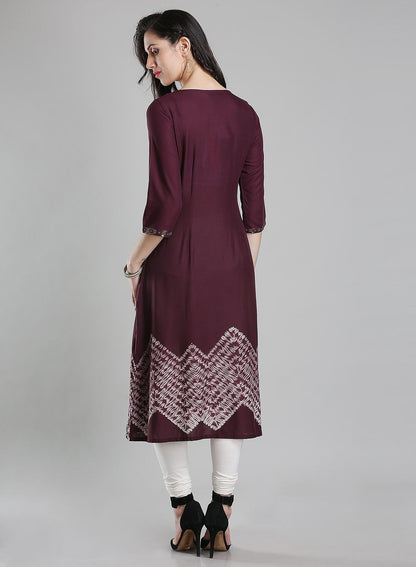 Wine Round Neck 3/4 Sleeves kurta - wforwoman