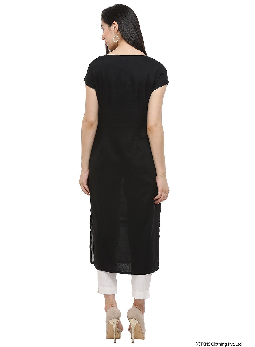 Black Short Sleeve U-Neck kurta - wforwoman