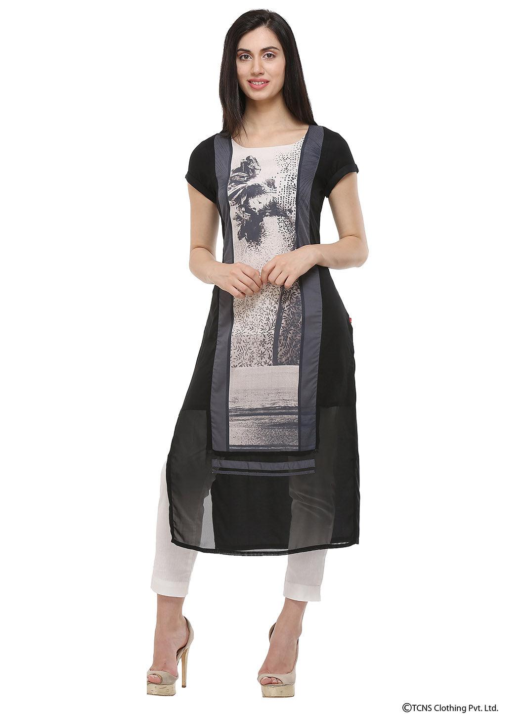 Black Short Sleeve U-Neck kurta - wforwoman