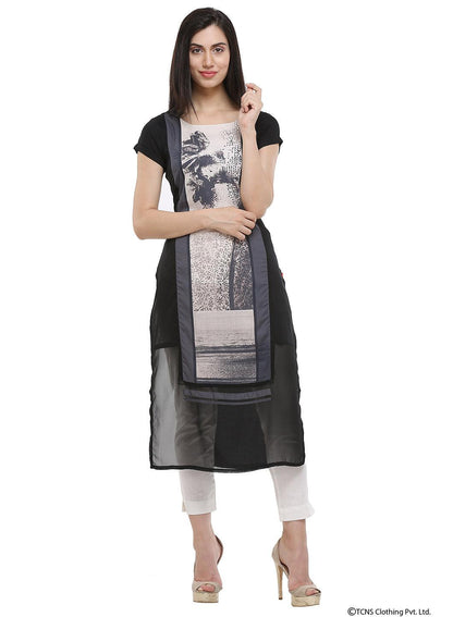 Black Short Sleeve U-Neck kurta - wforwoman