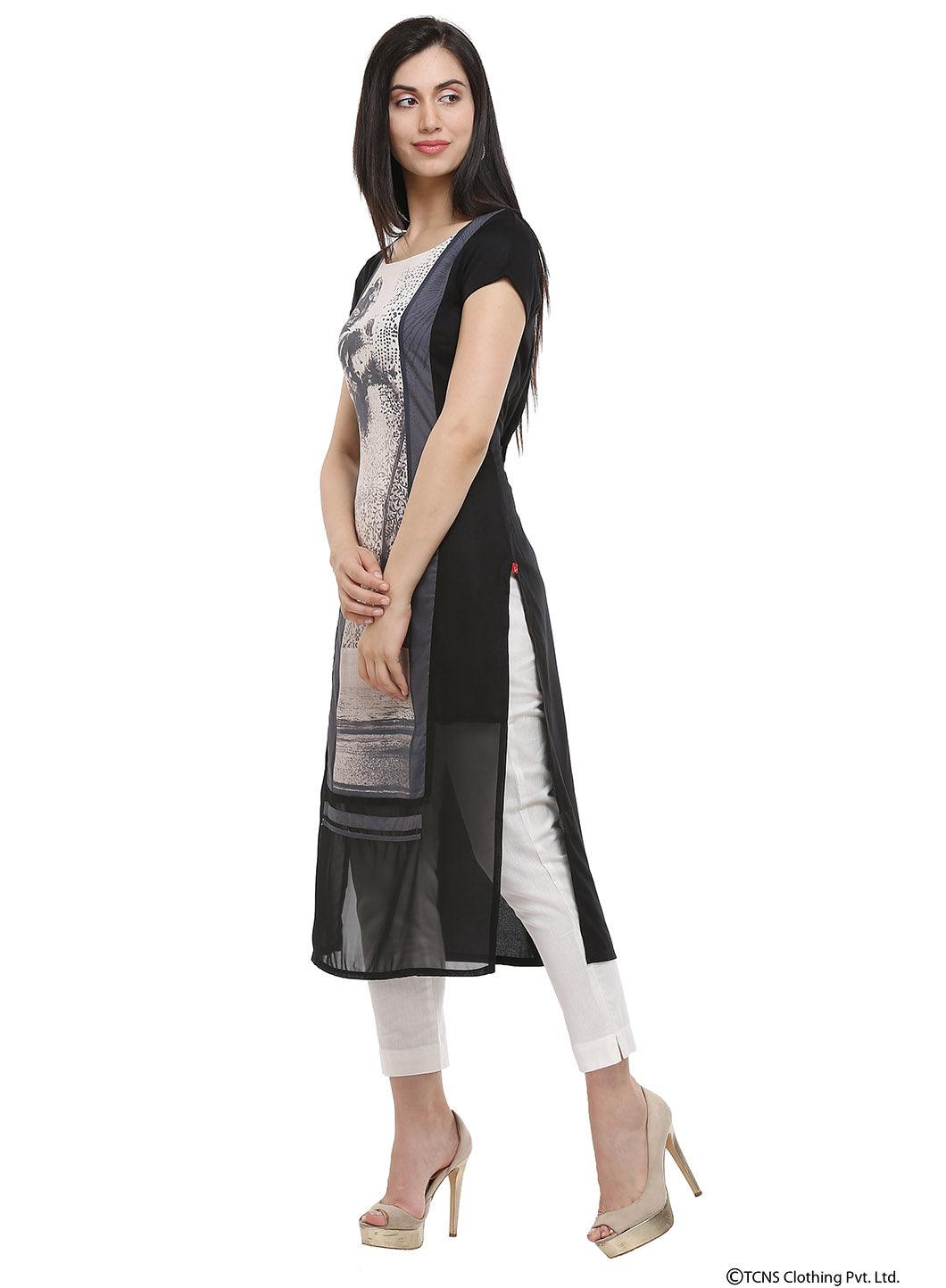 Black Short Sleeve U-Neck kurta - wforwoman