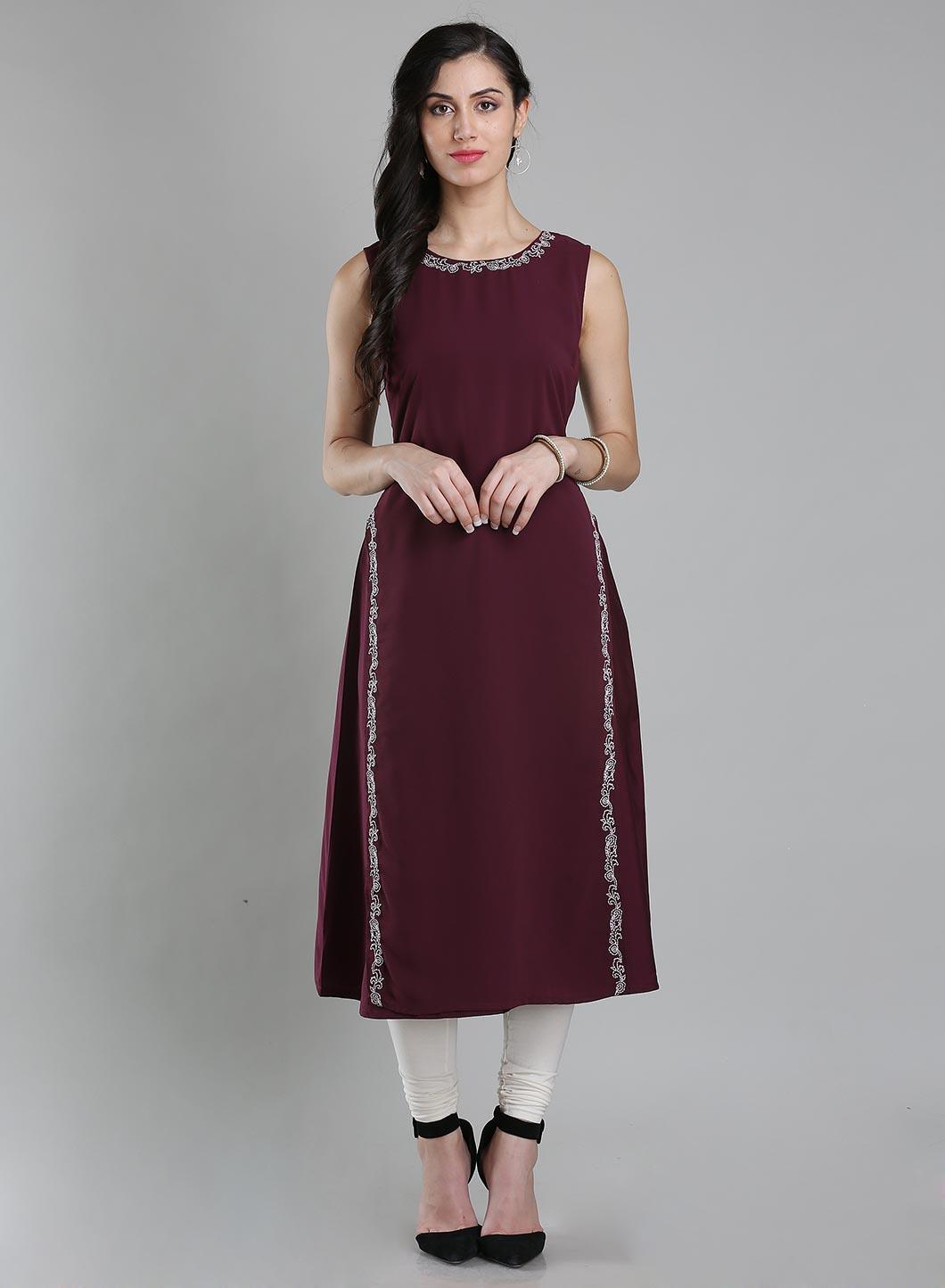 Wine Round Neck Sleeveless kurta - wforwoman