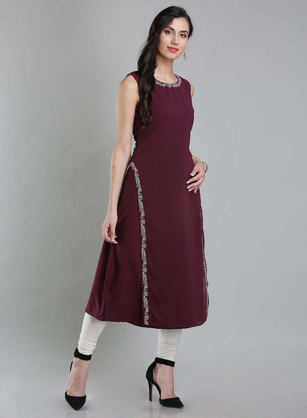 Wine Round Neck Sleeveless kurta - wforwoman