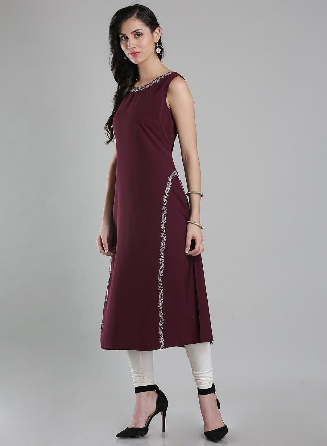 Wine Round Neck Sleeveless kurta - wforwoman