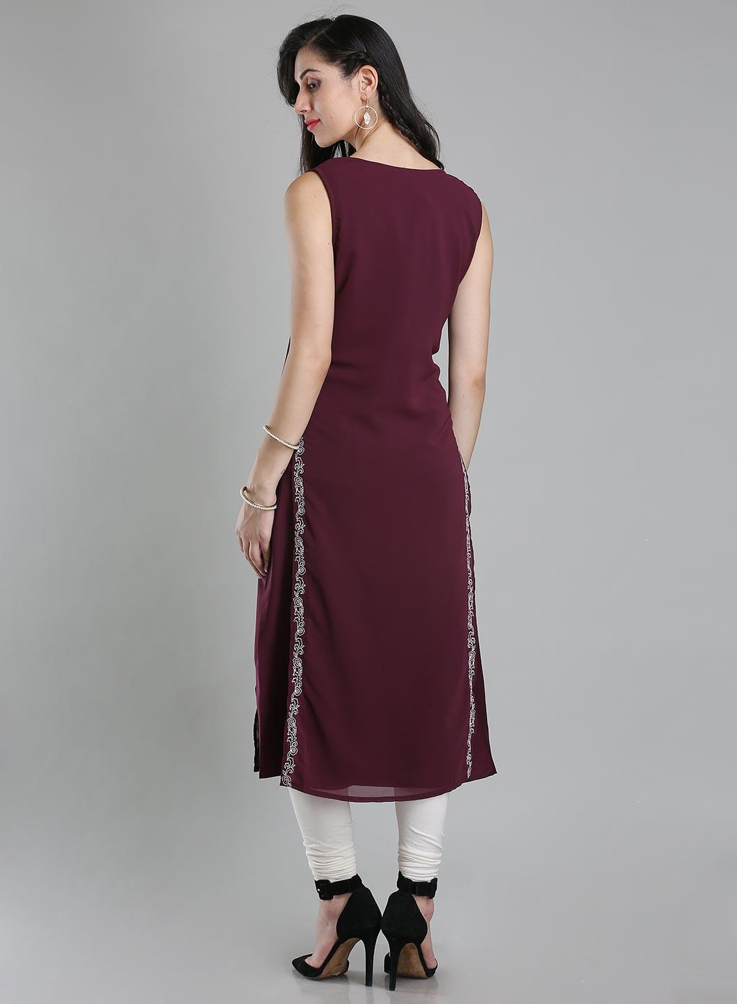 Wine Round Neck Sleeveless kurta - wforwoman