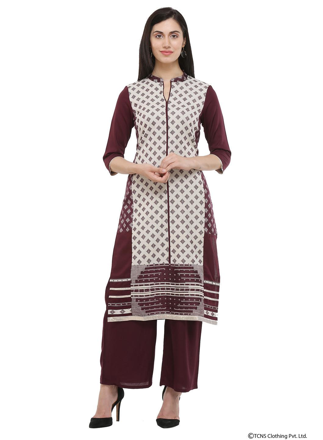 Purple 3/4 Sleeve Printed kurta - wforwoman