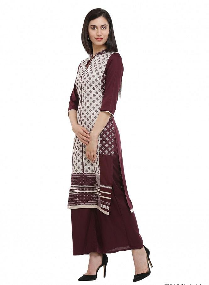 Purple 3/4 Sleeve Printed kurta - wforwoman