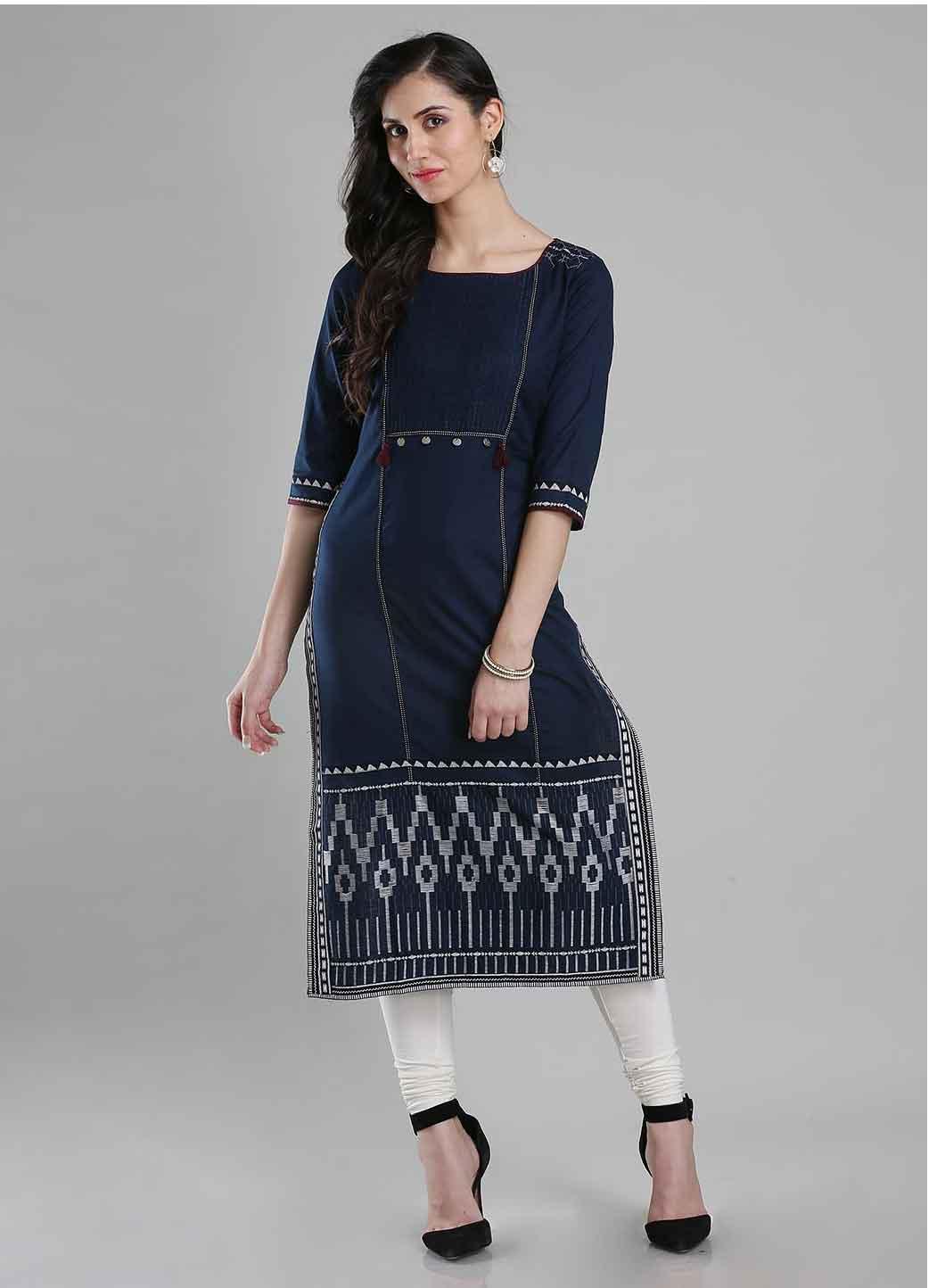 Blue Printed Round Neck kurta - wforwoman