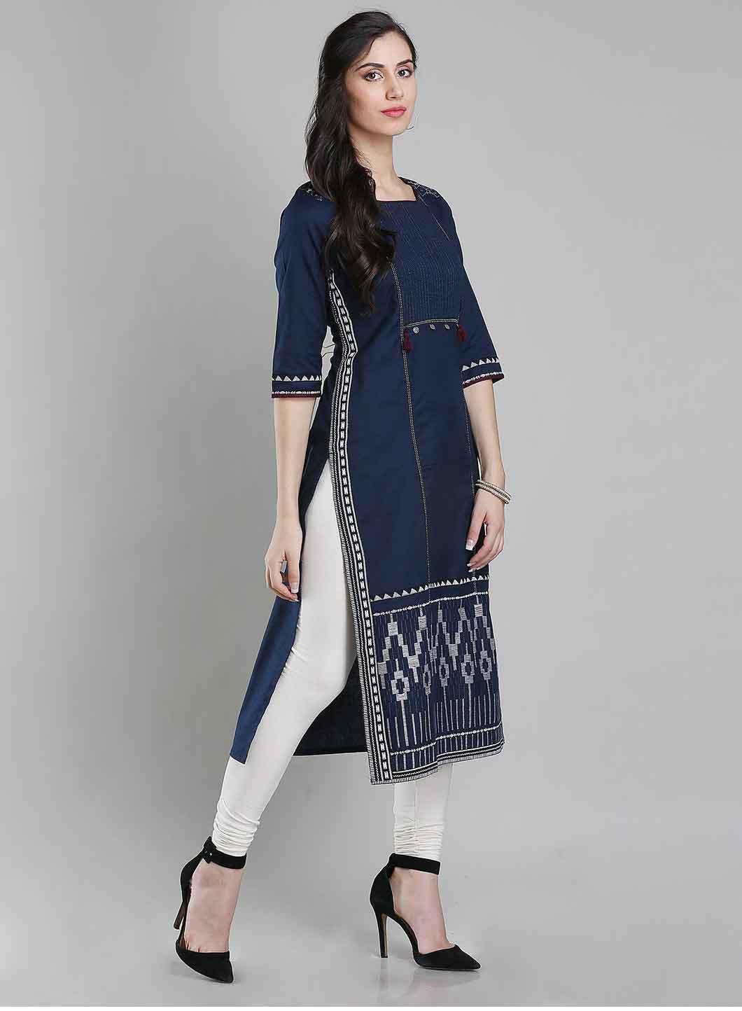 Blue Printed Round Neck kurta - wforwoman