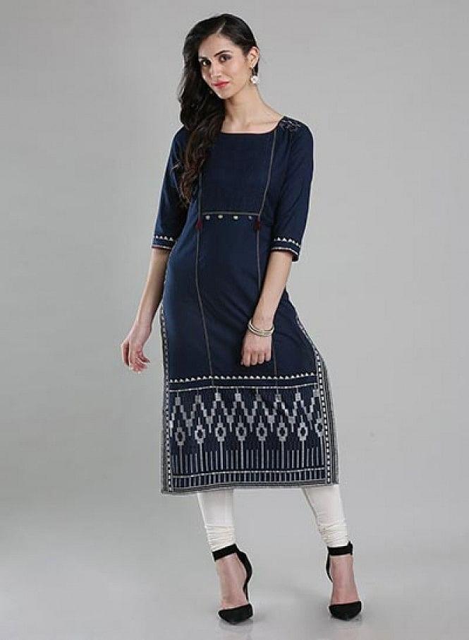 Blue Printed Round Neck kurta - wforwoman