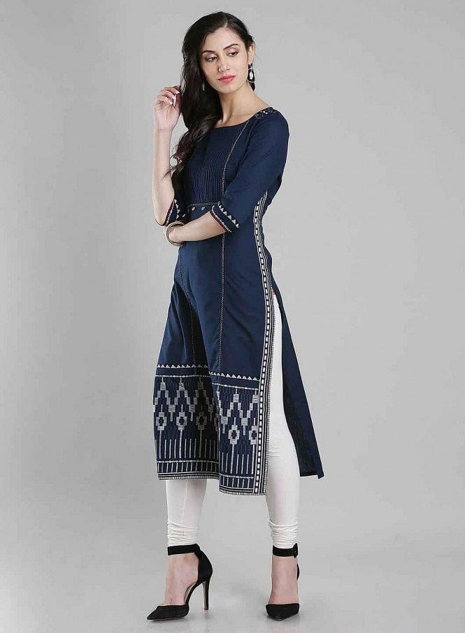 Blue Printed Round Neck kurta - wforwoman