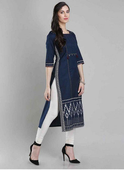 Blue Printed Round Neck kurta - wforwoman