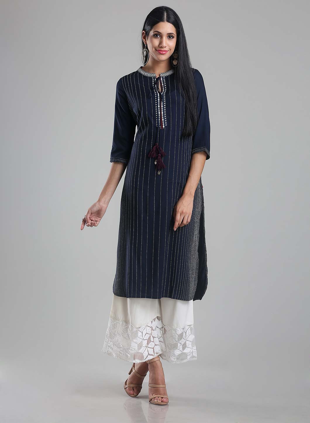 Navy Blue Mandarin Neck Printed kurta