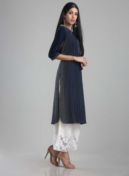 Navy Blue Mandarin Neck Printed kurta