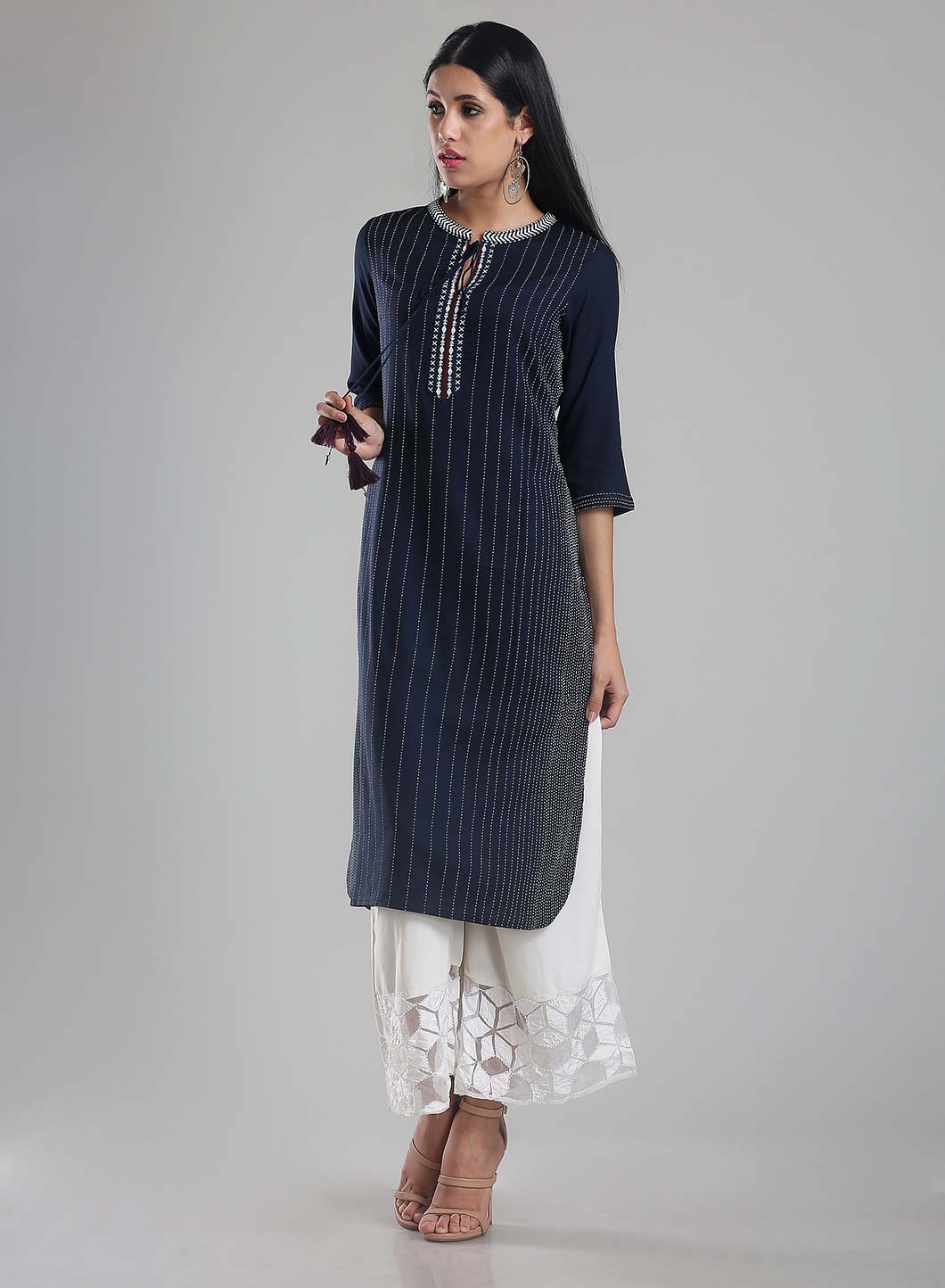 Navy Blue Mandarin Neck Printed kurta