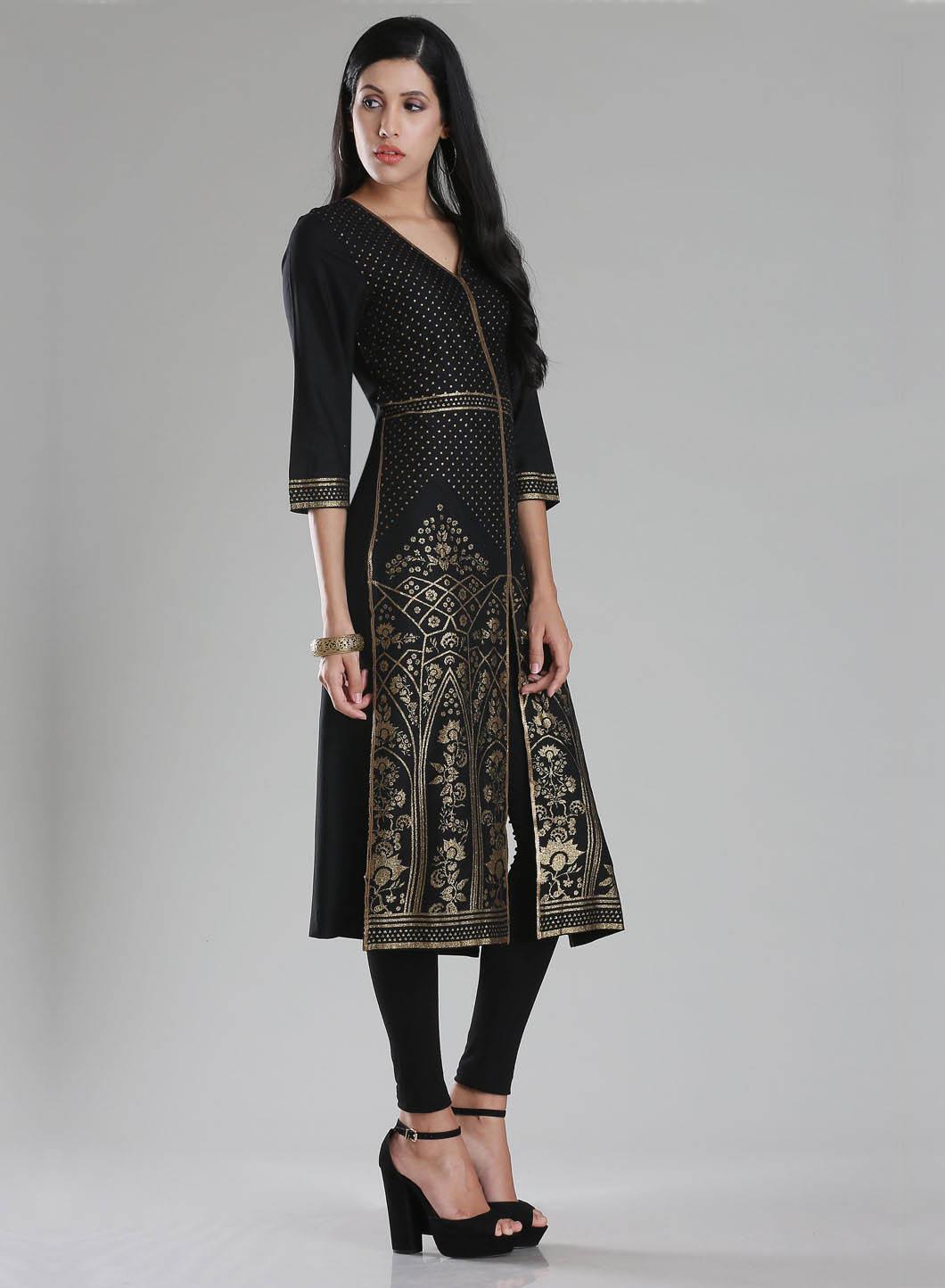 Black V Neck Printed kurta - wforwoman