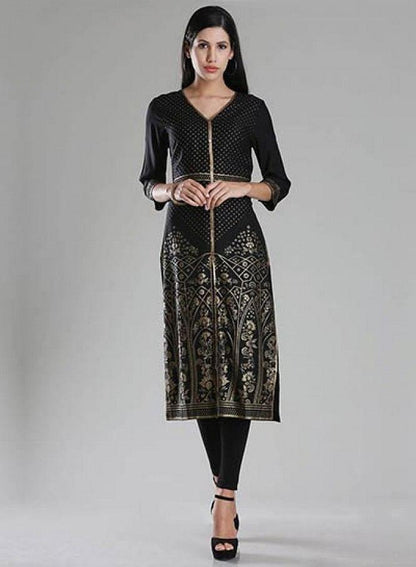 Black V Neck Printed kurta - wforwoman