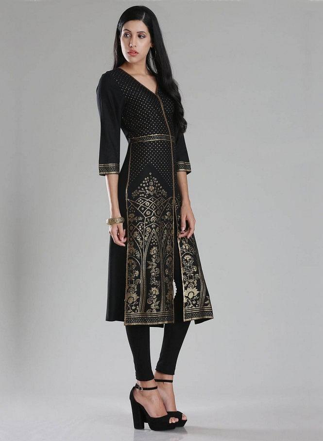 Black V Neck Printed kurta - wforwoman