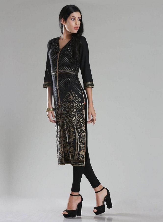 Black V Neck Printed kurta - wforwoman