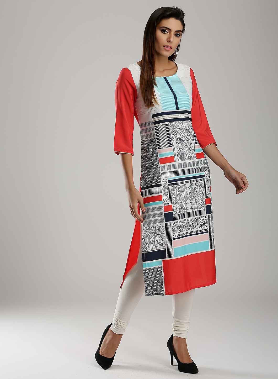 White &amp; Blue Round Neck kurta - wforwoman