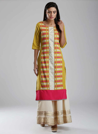 Yellow Round Neck Printed kurta - wforwoman