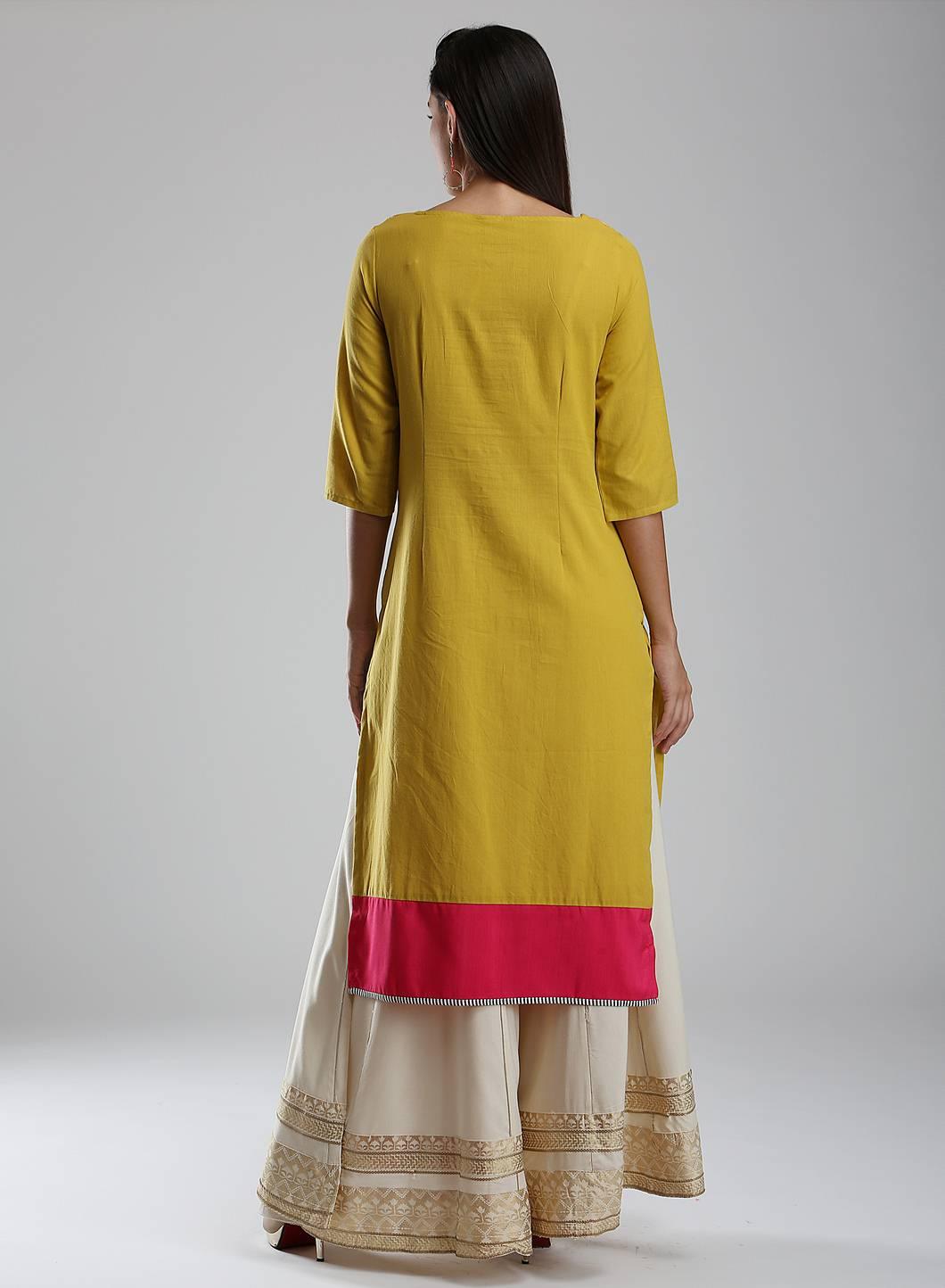 Yellow Round Neck Printed kurta - wforwoman