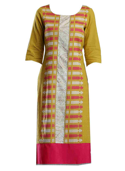 Yellow Round Neck Printed kurta - wforwoman