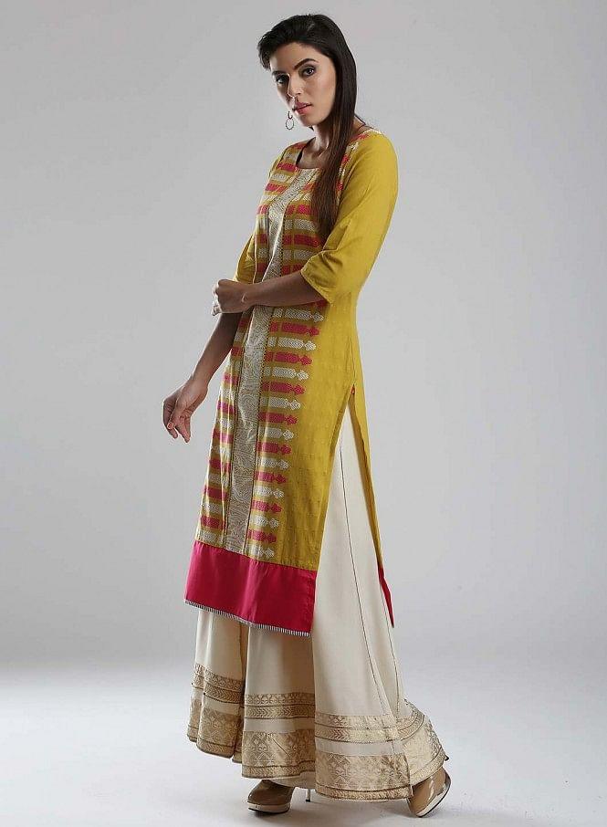 Yellow Round Neck Printed kurta - wforwoman