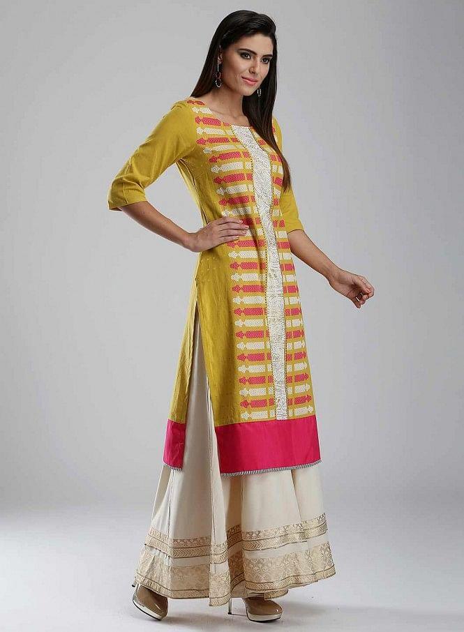 Yellow Round Neck Printed kurta - wforwoman