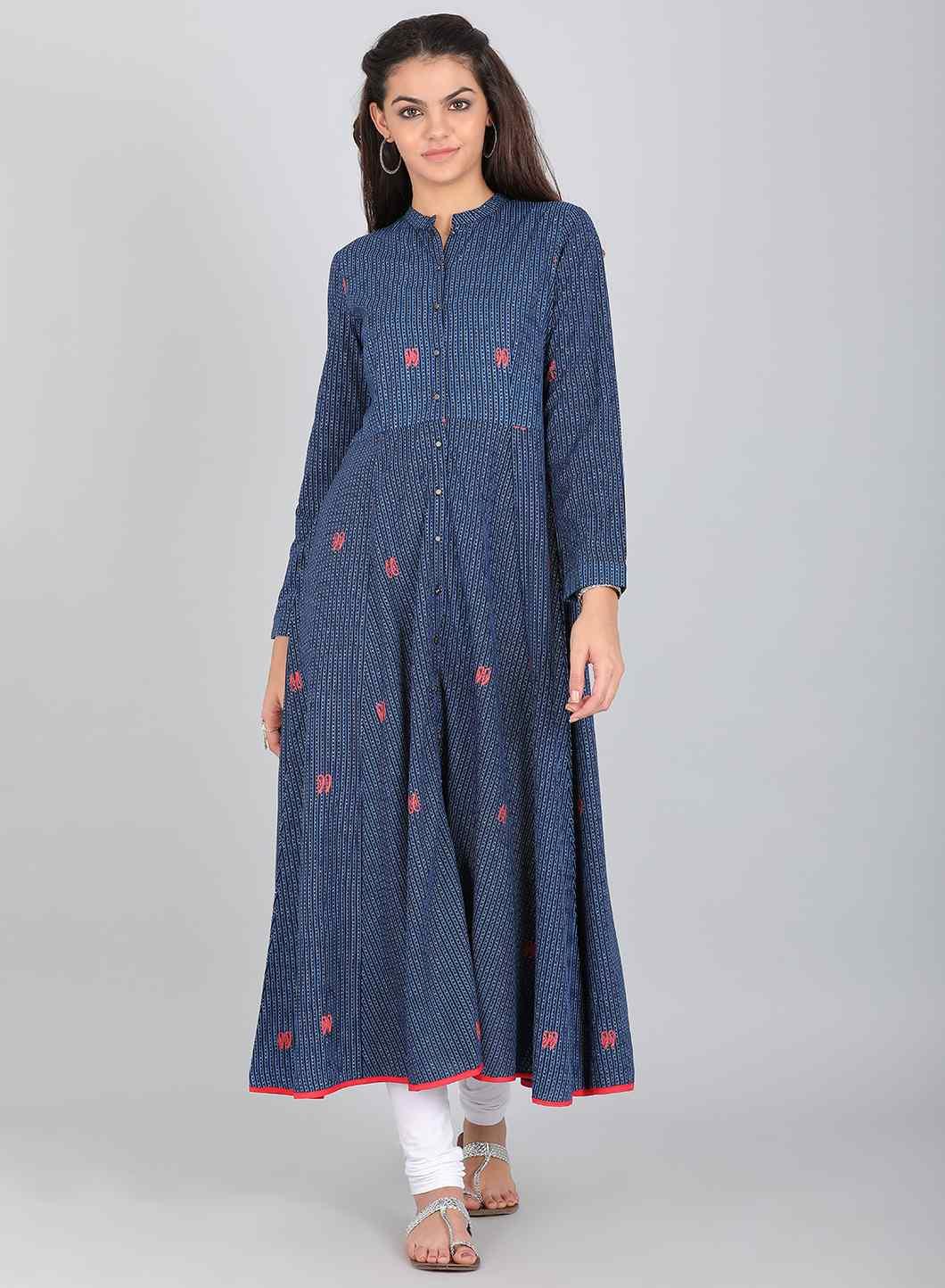 Blue Shimmery Mandarin Neck kurta - wforwoman