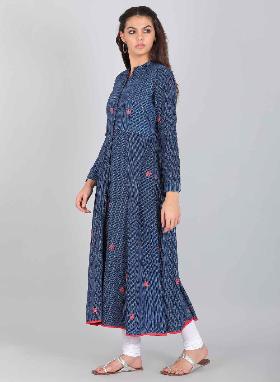 Blue Shimmery Mandarin Neck kurta - wforwoman