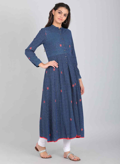 Blue Shimmery Mandarin Neck kurta - wforwoman