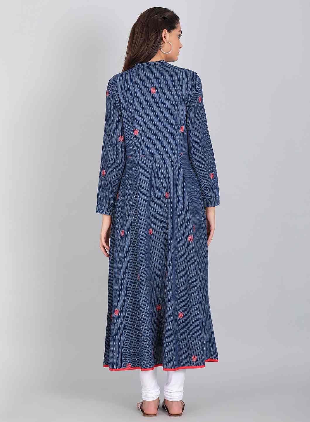 Blue Shimmery Mandarin Neck kurta - wforwoman