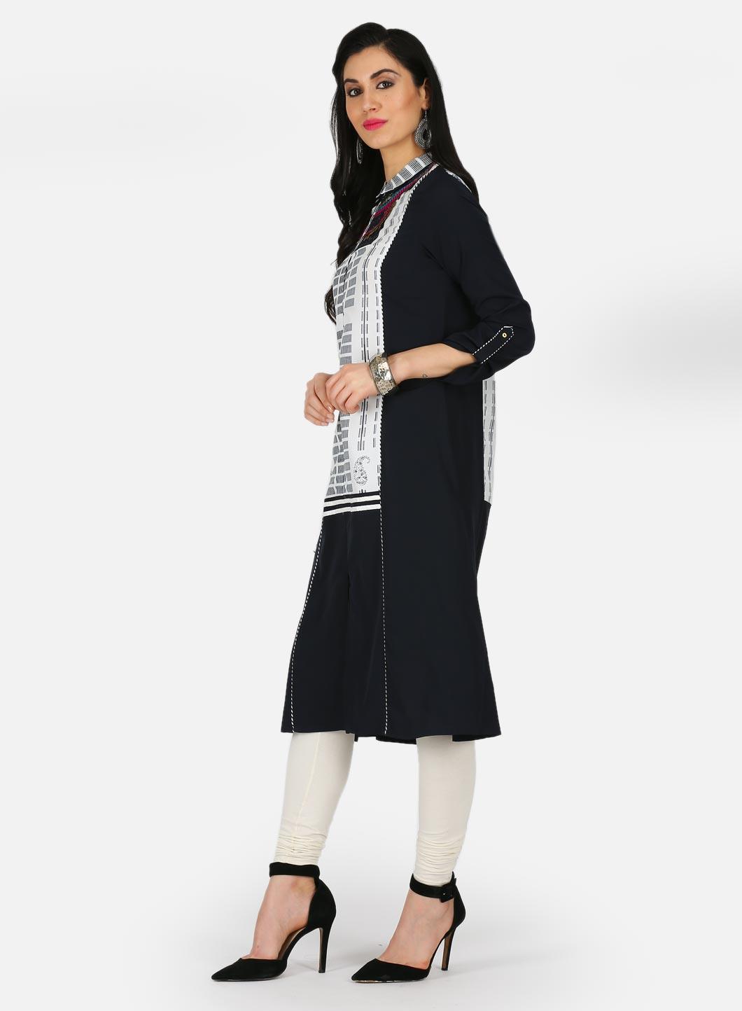 Black Printed Collar Neck kurta - wforwoman