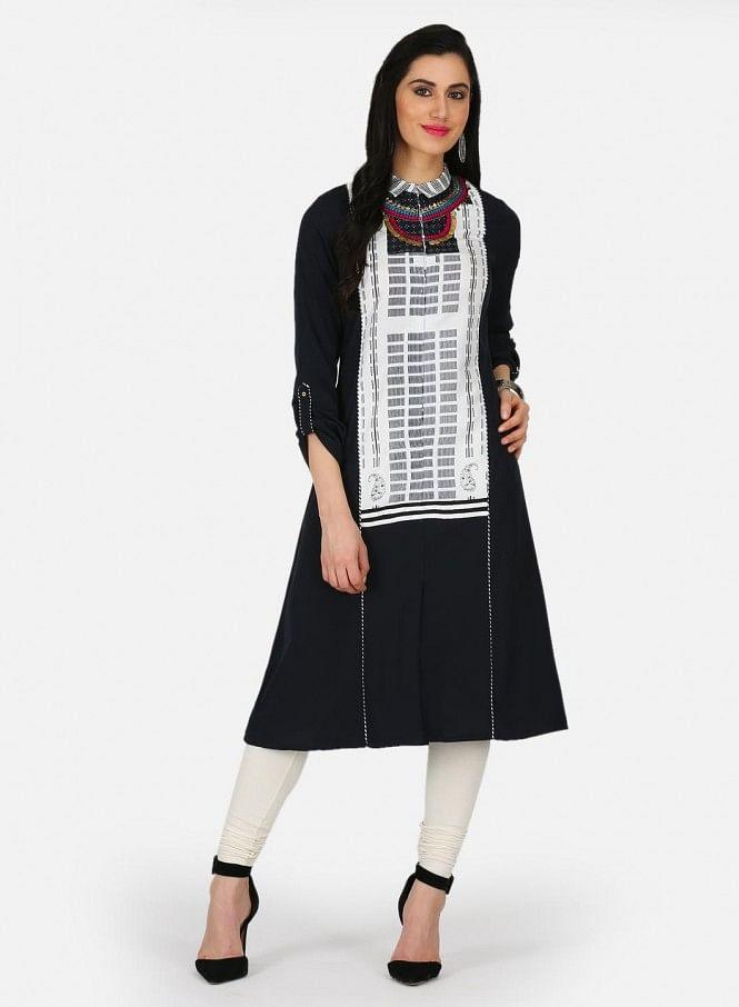 Black Printed Collar Neck kurta - wforwoman