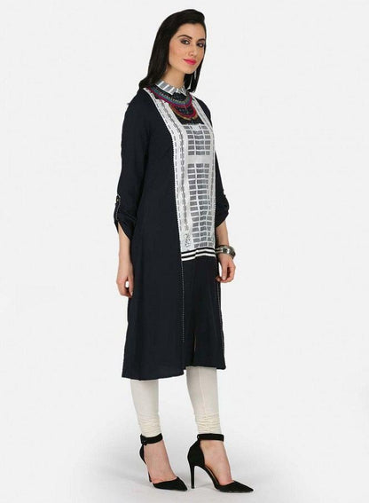 Black Printed Collar Neck kurta - wforwoman