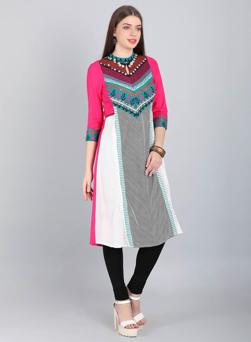 White Mandarin Neck Embroidered kurta - wforwoman