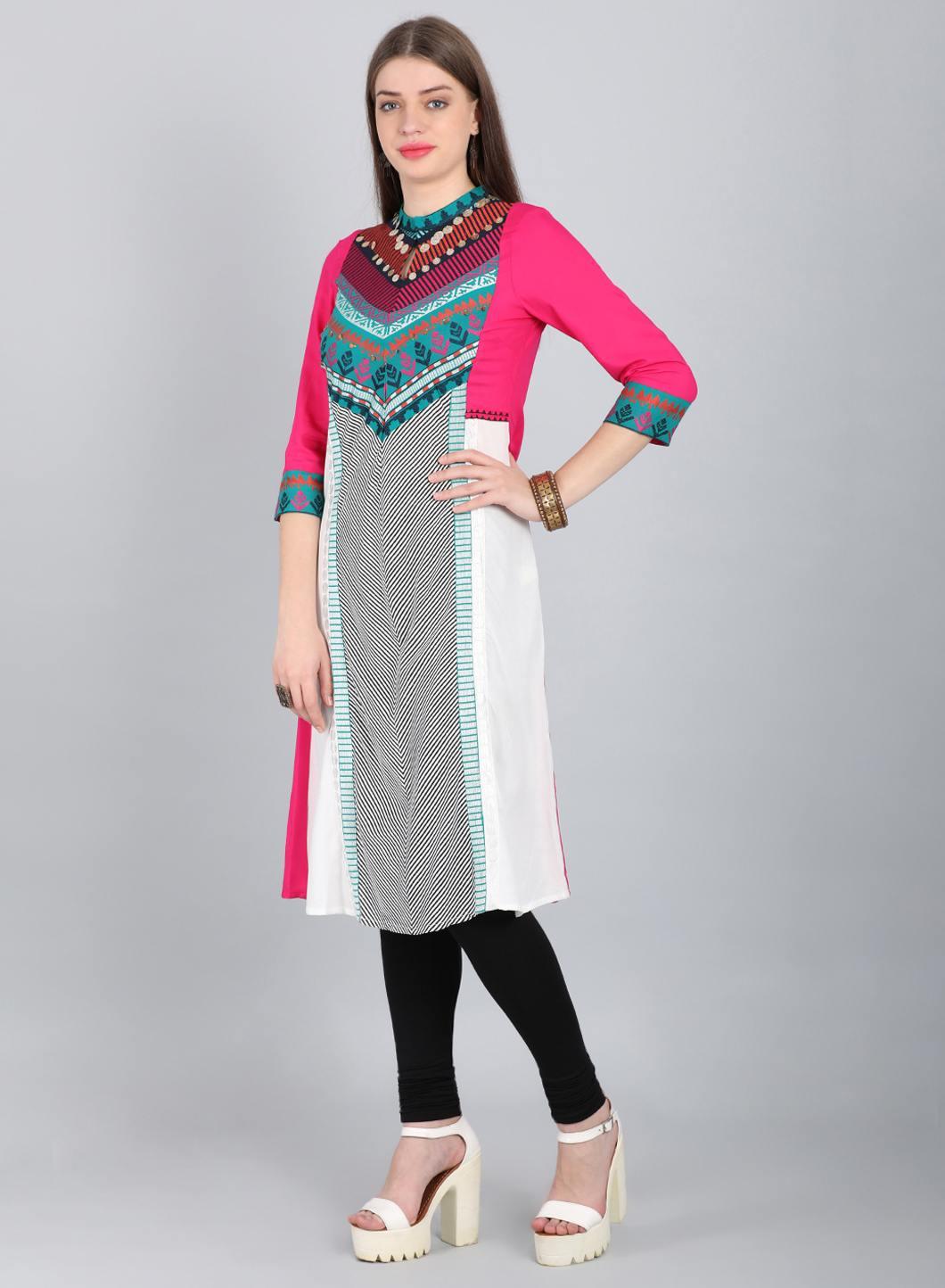 White Mandarin Neck Embroidered kurta - wforwoman