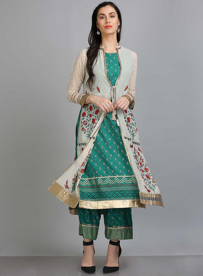 White &amp; Green Printed Mandarin Neck kurta - wforwoman